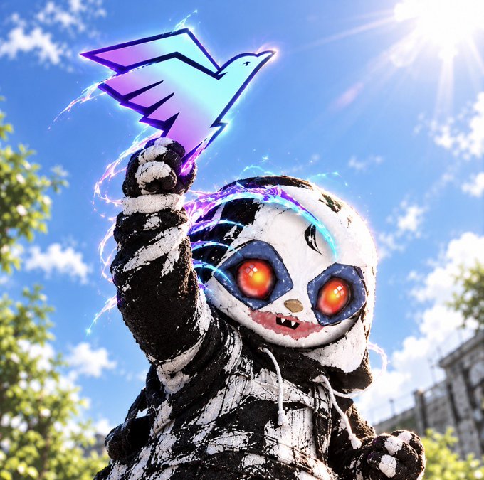 A costumed character with a panda-like mask and glowing red eyes holds up a glowing purple origami bird against a bright blue sky.