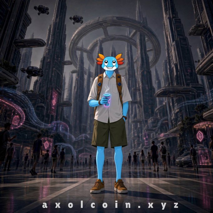 A digital illustration of a blue axolotl-headed character in casual clothing holding a drink, standing in a futuristic cyberpunk cityscape with 'axolcoin.xyz' written at the bottom.