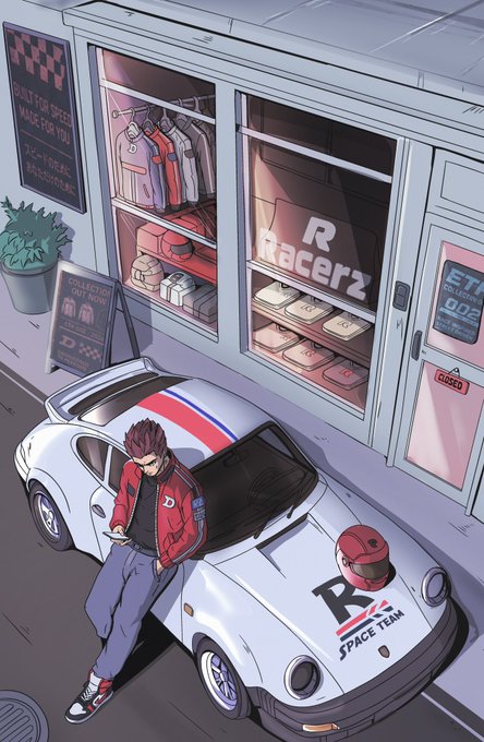 The image features an anime style drawing of a man leaning against his white Porsche R2 car parked outside a clothing store called "Racerz". The scene captures the essence of racing culture, with the man dressed casually in a red jacket and blue jeans while the car is adorned with a sticker that reads "Racerz". The post also mentions that this artwork belongs to @Michelangel_art.