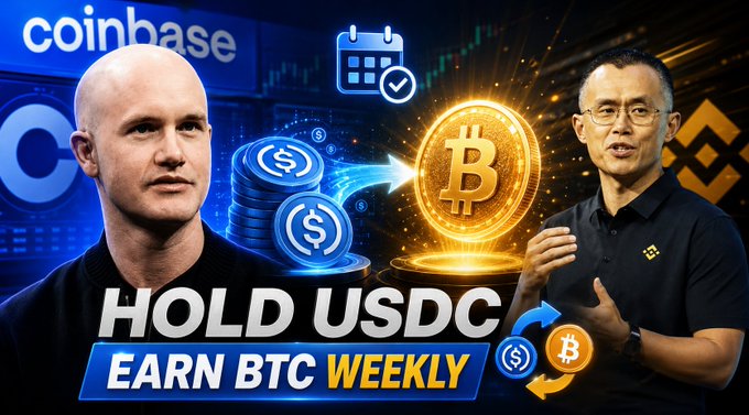 A Coinbase promotional graphic featuring two men with the text 'HOLD USDC EARN BTC WEEKLY' alongside USDC and Bitcoin logos.