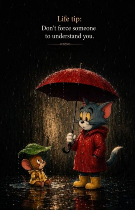 A life tip illustration shows Tom from Tom and Jerry holding a red umbrella over Jerry in the rain, with text reading 'Life tip: Don't force someone to understand you.'