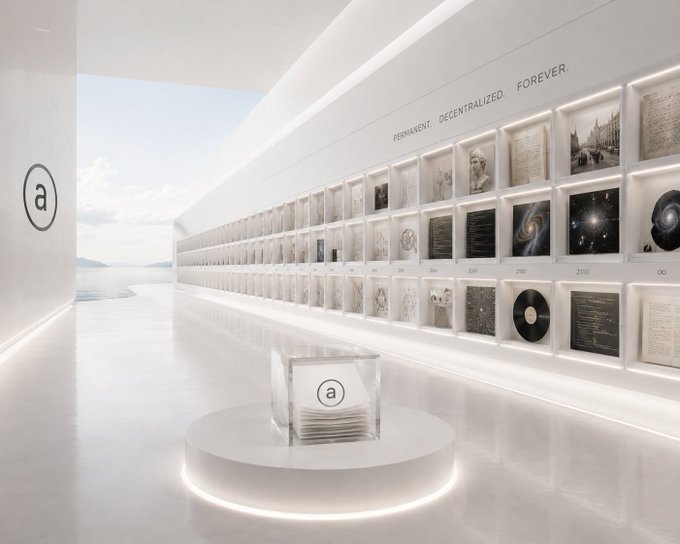 A bright, futuristic white gallery space displays rows of framed art and artifacts, with the text 'PERMANENT. DECENTRALIZED. FOREVER.' on the wall and an 'a' logo prominently featured.