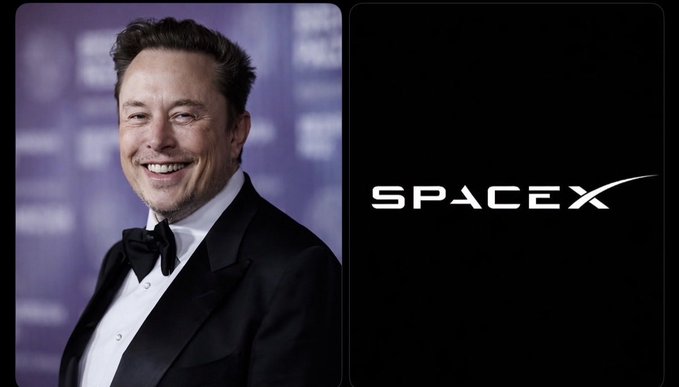 A smiling Elon Musk in a tuxedo alongside the SpaceX logo.