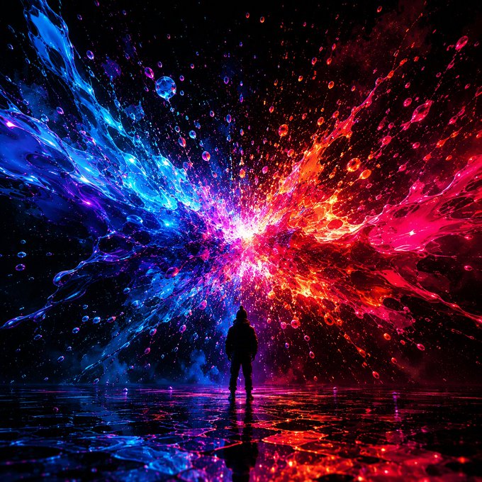 A digital art piece showing a silhouetted figure standing before an enormous colorful cosmic explosion of blue and red/pink energy and particles.