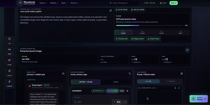 A screenshot of the Musebook crypto trading interface showing market signals for [1] Pump launch radar and wallet activity panels including privacy/wallet tips and execution schemas.
