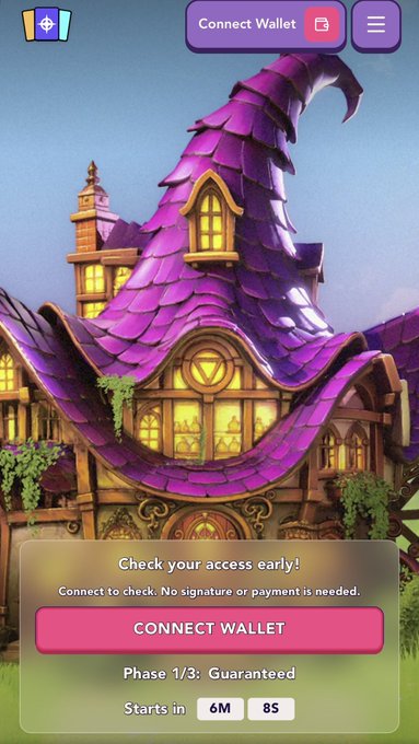 A whimsical purple-roofed fantasy house stands as the backdrop for a mobile wallet connection screen prompting users to "Check your access early!" with a countdown showing "Starts in 6M 8S" for Phase 1/3: Guaranteed, fitting the post's hype about minting by teasing an upcoming token sale.
