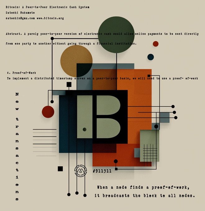 Bauhaus-style graphic design referencing the Bitcoin whitepaper, with text from Satoshi Nakamoto's 'Bitcoin: A Peer-to-Peer Electronic Cash System' alongside a stylized 'B' logo and proof-of-work descriptions.