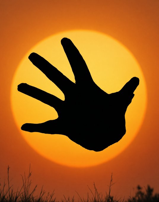A silhouette of a hand reaching upward against a large orange sun setting behind grass in the foreground.