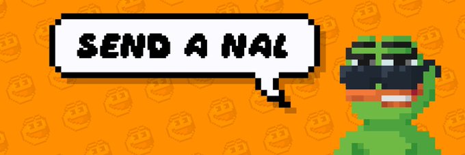 A pixel-art style orange graphic features a green character wearing black sunglasses with a speech bubble reading 'SEND A NAL'.