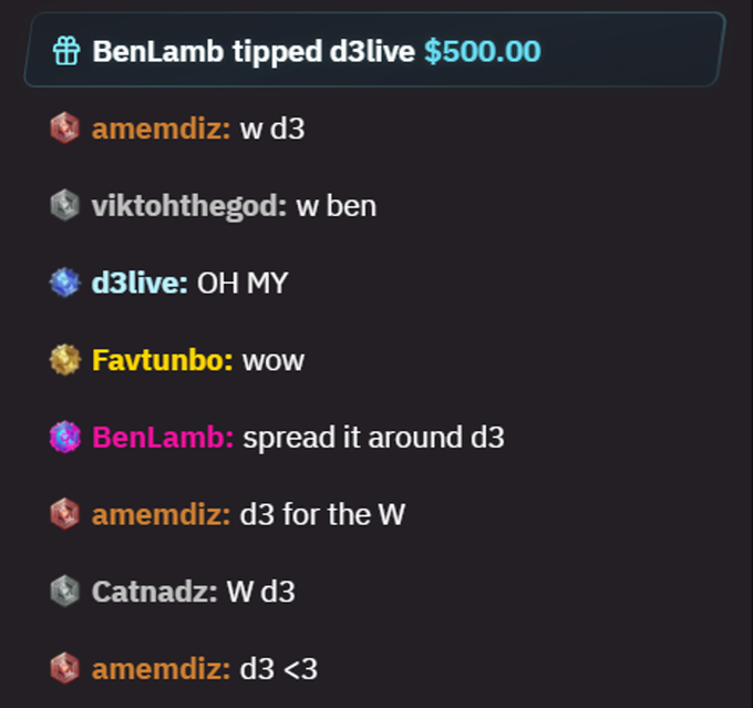 A Twitch chat shows user BenLamb tipping d3live $500.00, followed by an outpouring of support with multiple users typing "w d3" (meaning "win d3"), celebrating the generous donation. This exemplifies the strong community support highlighted in the post about "YEET" and the legendary tip from BenLamb.