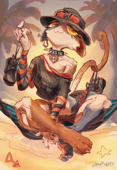 A punk-rock cat character, wearing a t-shirt with "KATZ" printed on it and a spiked collar, relaxes in a hammock on a beach. The image artist's signature "DevilFishDFV" is visible at the bottom right.