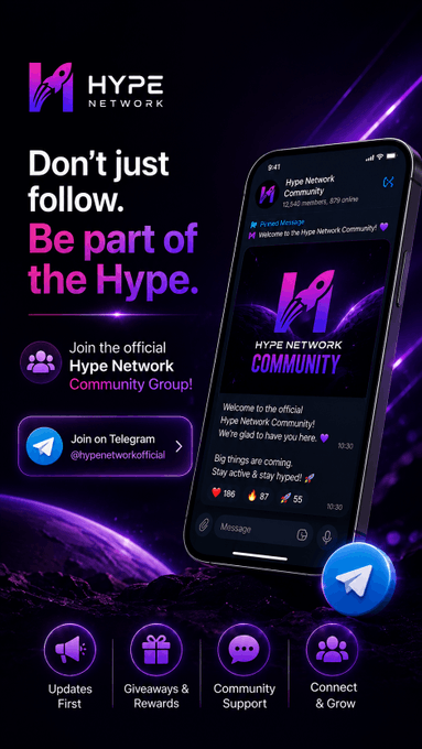 This image is a promotional advertisement for the Hype Network community Telegram group, featuring the tagline "Don't just follow. Be part of the Hype." It displays a smartphone mockup showing a Telegram chat with messages like "Welcome to the official Hype Network Community!" and "Big things are coming," along with the Telegram handle @typenetworkofficial and icons highlighting benefits such as Updates First, Giveaways & Rewards, Community Support, and Connect & Grow. The image visually reinforces the post's invitation to join the official Hype Network Community on Telegram to engage with other members, share feedback, and stay updated on announcements.