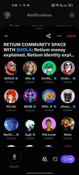 A screenshot of a Twitter/X Spaces 'Notifications' page showing a 'RETIUM COMMUNITY SPACE WITH SHOLA' with various listeners' avatars displayed.