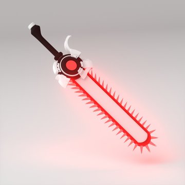 A 3D-rendered fantasy sword with a red glowing serrated blade and a red gem in the hilt.