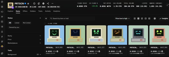 This image displays a collection of PRTSCN NFTs, which are digital collectibles featuring vintage computer graphics, with prices listed in ETH and often sold for around 0.0393 ETH. The post's emphasis on "PRTSCN" directly relates to the visual content showcasing these unique digital items.