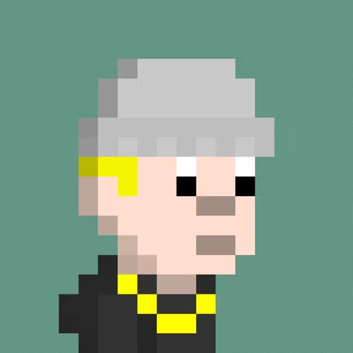 A pixel art portrait of a character with white hair, wearing black and yellow clothing, set against a teal background.