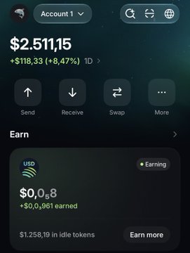 A mobile app screen showing a crypto wallet balance of $2,511.15, up 8.47% in 1 day, with Send, Receive, Swap options and an Earn section.