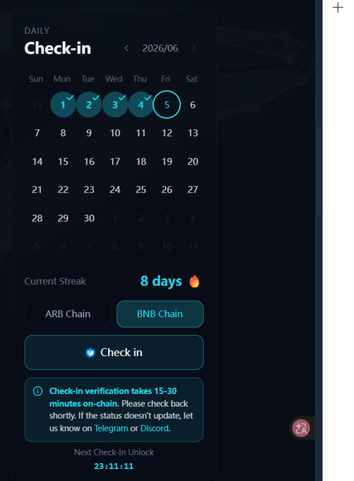 The image shows a cell phone screen displaying a calendar with check-in information for an event, along with a message about a new feature or update. The calendar displays the date of the event, which appears to be on Saturday, May 6th. There is also a note in the bottom right corner that reads "@TermMaxFi DeFi Alpha模块".