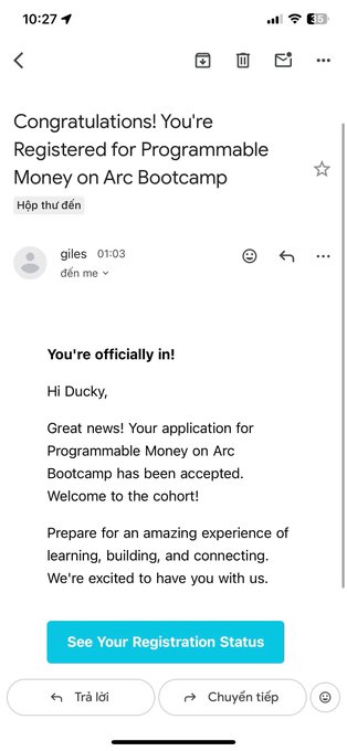 The image shows a white email message displayed on a phone screen, which appears to be from a programmable money development series called "arc" created by @encodeclub. The email contains information about an upcoming event where participants will have the opportunity to join the community and learn how to build stablecoins using native infrastructure.