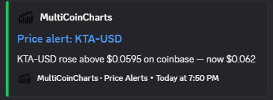 A MultiCoinCharts price alert notification showing KTA-USD rose above $0.0595 on Coinbase, now at $0.062, sent at 7:50 PM today.