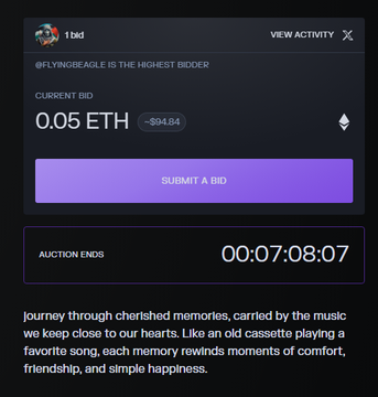An NFT auction interface showing '1 bid' with '@FLYINGBEAGLE IS THE HIGHEST BIDDER', a current bid of 0.05 ETH (~$94.54), a countdown timer at 00:07:08:07, and text about cherished memories playing like a cassette.