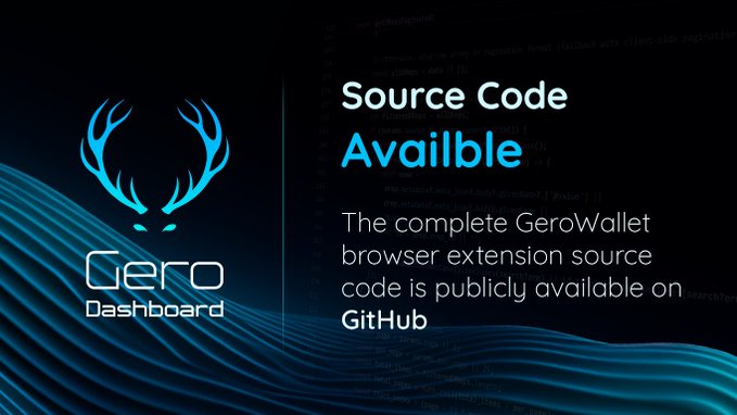 A promotional graphic for 'Gero Dashboard' featuring a blue deer logo, announcing that the 'Source Code Available' for the GeroWallet browser extension is publicly available on GitHub.