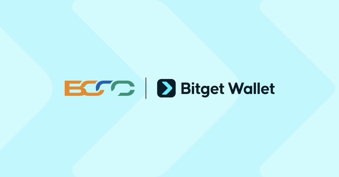 A simple announcement graphic showing the Eco token logo alongside the Bitget Wallet logo on a light blue background with chevron patterns.
