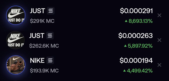 The screenshot shows a meme coin tracking list featuring Nike-branded tokens, with two named "JUST" and one "NIKE," all displaying massive 24-hour gains of 4,499% to 8,693% on Solana. The caption "oh solana" humorously comments on the abundance of viral Nike-themed meme coins flooding the Solana blockchain, capitalizing on Nike's brand recognition to attract speculative trading.