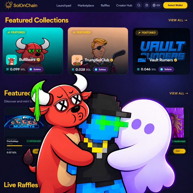 A screenshot of the "SolOnChain" NFT marketplace homepage showing featured collections including "BullBears," "TrumpSolClub," and "Vault Runners," with animated NFT characters overlaid.