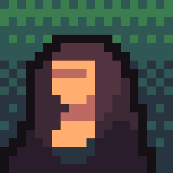 Pixel art showing a face partially obscured by a dark hooded figure against a green and dark teal grid background.