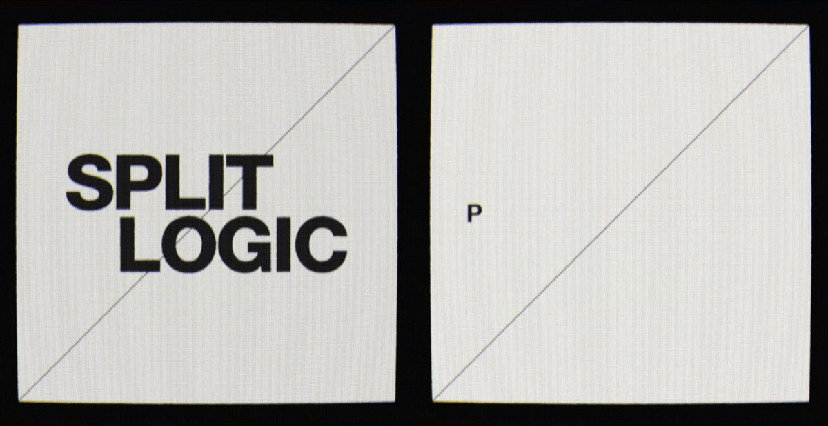 The image features a square graphic with the words "Split Logic" written in black text against a white background, positioned at the bottom of the frame. Below this, there's a smaller version of the same graphic, but with a different color scheme - black on a white background and white on a gray background. The two versions are placed side by side, creating an interesting visual contrast between the two designs.