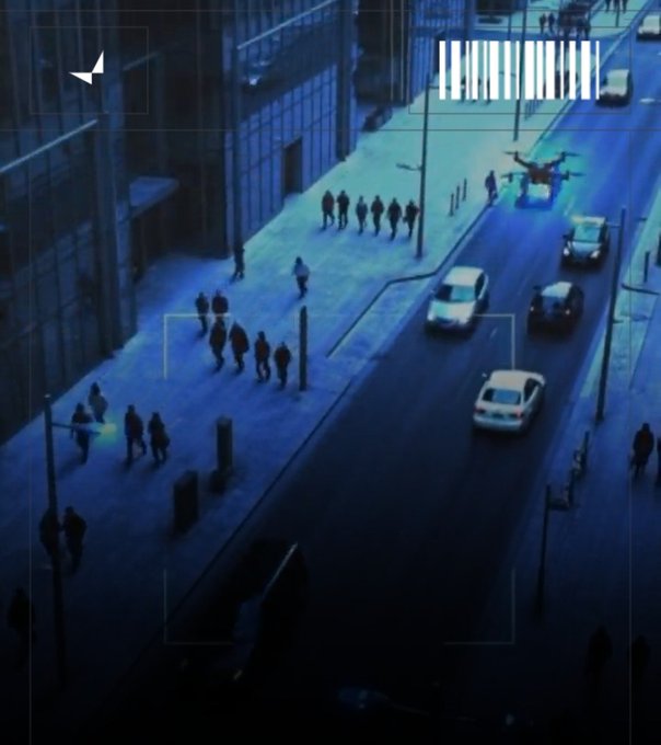 Stylized surveillance-themed image showing an aerial view of a city street with pedestrians, cars, and a drone, overlaid with a barcode and targeting brackets.