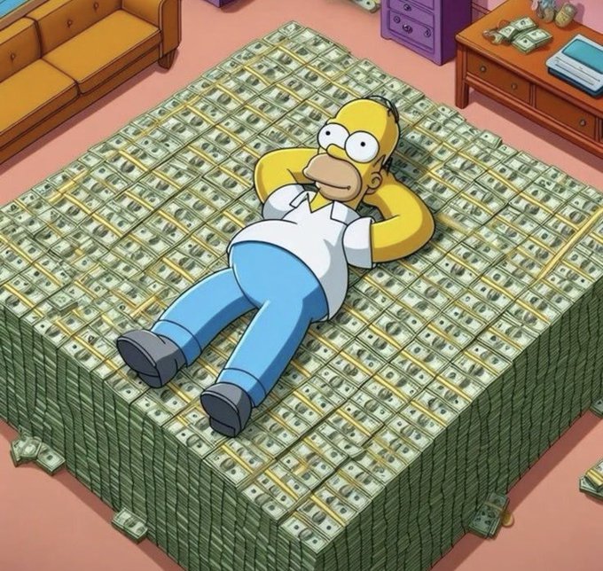 Homer Simpson lounges on a massive pile of neatly stacked cash bundles in a cartoon living room, with the post's motivational message about manifesting wealth echoed by his relaxed pose among the money.