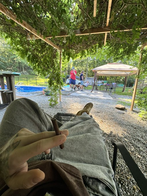 A first-person view of someone relaxing in a chair under a grape-covered pergola, holding a cigar, with their legs stretched out toward a pool area where other people are gathered under a gazebo.