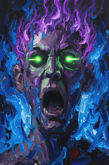 A vibrant, expressionistic oil painting of a screaming face with glowing green eyes, surrounded by swirling blue and purple flames rendered with thick brushstrokes.