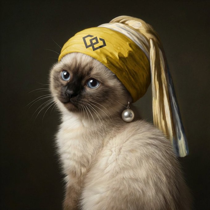 A creative digital artwork parodying Vermeer's 'Girl with a Pearl Earring', depicting a Siamese cat wearing a yellow headwrap that displays the WEEX logo, with a pearl earring dangling from its ear.