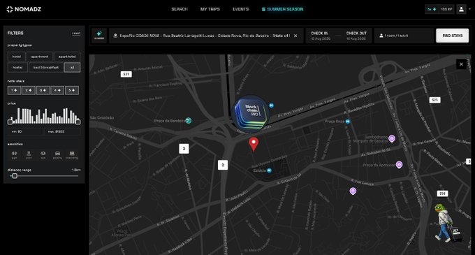 A screenshot of the Nomadz travel app showing a summer season search for hotels in Lisbon near 'Rua Bartolomeu Dias / Estádio José Alvalade', with a map displaying various accommodation markers and filters for price, rating, and amenities.