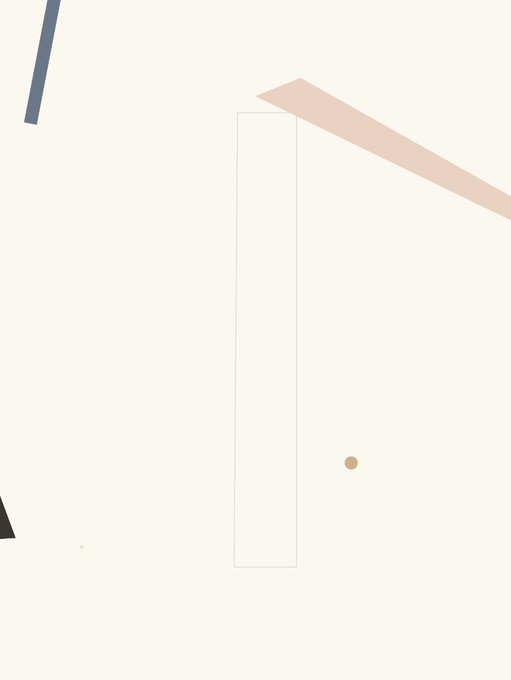 The image shows a minimalist abstract composition featuring a thin dark diagonal line in the upper left, a soft pink angled bar in the upper right, a tall outlined rectangle in the center, and a small tan dot, serving as the visual artwork for "Primera 171" NFT listed on OpenSea.