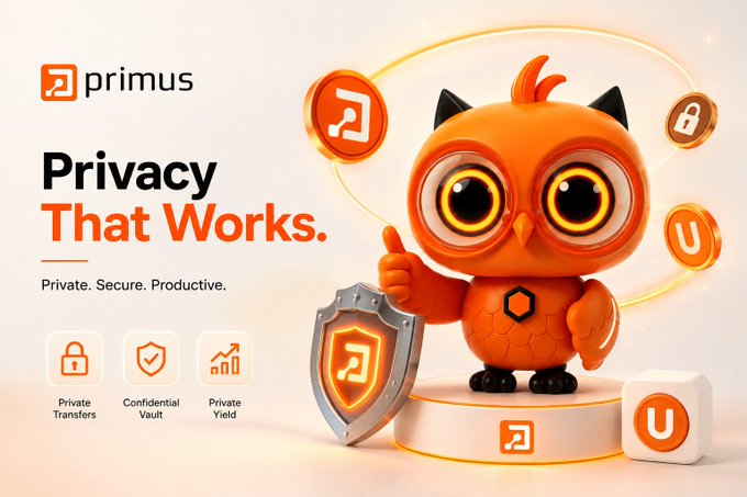 A marketing graphic for 'primus' with the headline 'Privacy That Works.' featuring a 3D orange owl mascot holding a shield, alongside icons for 'Private Transfers,' 'Confidential Vault,' and 'Private Yield.'