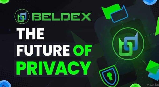 A promotional graphic for BELDEX with the bold text 'THE FUTURE OF PRIVACY' on a dark background featuring green and blue icons including a shield.