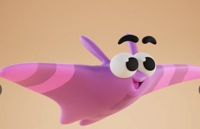A 3D-rendered pink and purple cartoon character with large eyes and a small mouth, appearing to float against a peach background.