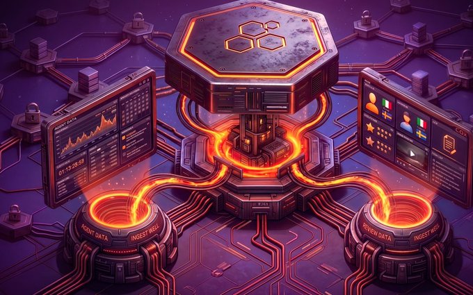 A futuristic hexagonal server hub with glowing orange data conduits channels information between processing units labeled "AGENT DATA" and "INGEST REQ," alongside dashboard panels displaying charts, user profiles, and timestamps like "01:13:28.59." The image visually reinforces the post's concept of repurposing blockchain mining compute power for optimization tasks, showing a central processing core distributing work across multiple data nodes in a way that mirrors dual-purpose network utility beyond simple chain security.