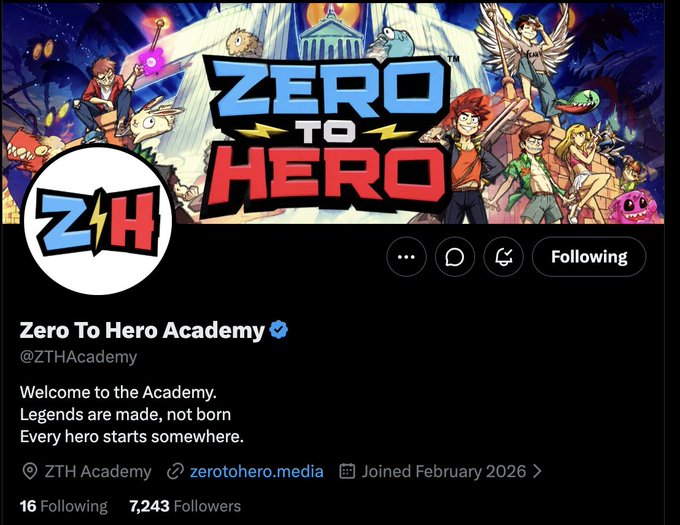 The image shows the Twitter/X profile page for "Zero To Hero Academy" (@ZTHAcademy), featuring a colorful cartoon banner with animated characters and the bold "ZERO TO HERO" logo, along with their bio reading "Legends are made, not born. Every hero starts somewhere." The profile connects to the accompanying post about an NFT mint with 8,000 supply at 0.017 ETH, as ZTH Academy appears to be promoting an upcoming token/NFT launch on their official social media.