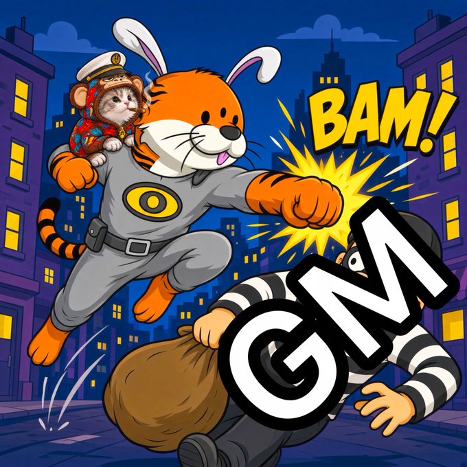 A cartoon illustration of a tiger-costumed character flying through the air to punch a burglar, with comic-style text 'BAM!' and 'GNZ'.