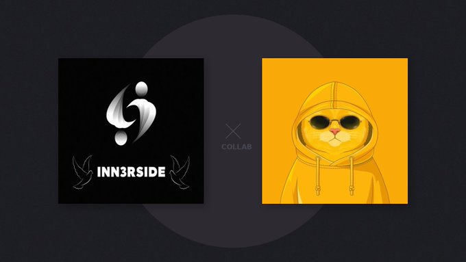 The image features two square images side by side, both with a cat wearing a yellow hoodie and sunglasses. The background of each image is black, making the cat and its outfit stand out prominently. Below the cat images, there are two lines of text that read "INN3RSIDE" and "@Yellowcatz_YellowCatz is a culture driven movement born from chaos, memes, and the spirit of Web3". The text seems to be related to the collaboration between the creators or owners of these images.