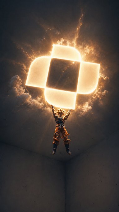A dramatic digital artwork depicts a warrior figure with a glowing sword leaping upward toward a glowing, segmented cube structure emerging from storm clouds in a confined gray space.