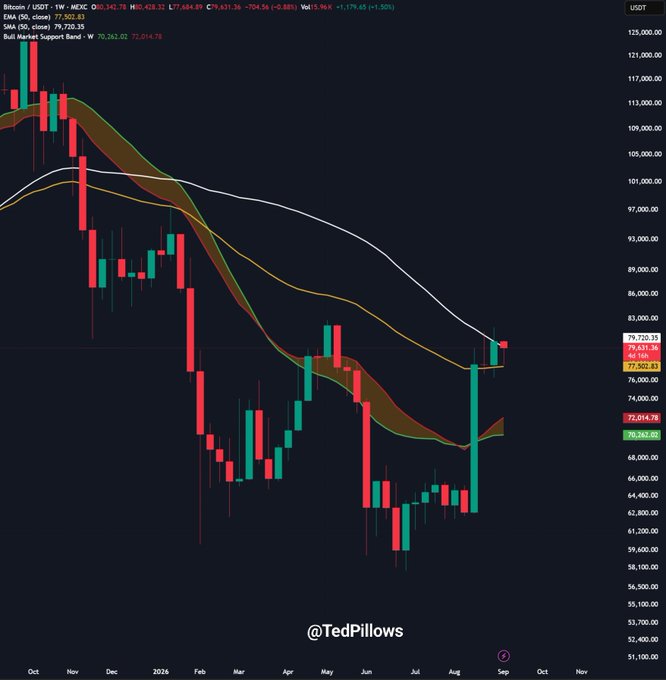 The image is a Bitcoin/USD weekly candlestick chart from TradingView showing BTC trading at $77,902.83 with a 1.50% gain, positioned precisely at the 50-week SMA level ($77,920.35) highlighted in yellow, illustrating the post's claim that Bitcoin's critical test lies at this moving average—a decisive weekly close above could trigger higher highs, while rejection may set up a decline toward the $74,000-$75,000 support zone.