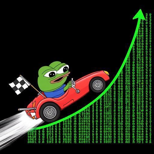 A Pepe the Frog meme wearing a racing helmet drives a red race car with a checkered flag, soaring upward along a green arrow composed of binary code.