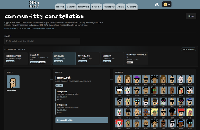 A screenshot of the 'commun-i-ty constellation' dashboard showing connected CryptoPunks and V1 CryptoPunks wallets, displaying details for wallet 'jeremy.eth' and a grid of Ittybitz pixel art characters.