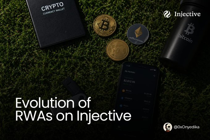 A promotional graphic for Injective titled 'Evolution of RWAs on Injective' by @0xOnyedika, featuring crypto coins, a wallet, and a phone displaying a portfolio of $2,812.95 on grass.